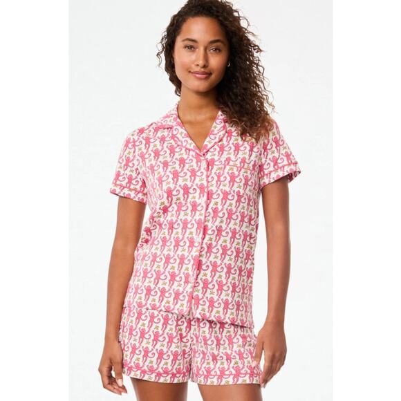 Roller Rabbit Shirt Womens XXS Monkey Polo Pajamas Pink Button Front Comfort - Picture 1 of 11
